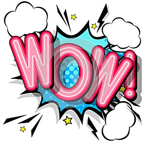 Comic design speech bubbles, WOW - retro lettering.