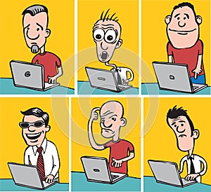 Comic doodle dudes with laptops