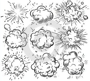 Comic doodle sketch of a hand-drawn explosion speech bubble with splash smoke. Exploding speech element for text