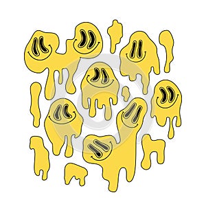 Comic dripping smiling faces set in pop art, graffiti style. Distorted faces, groovy vibes