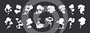 Comic dust effect. Cartoon smoke and steam trails sprite animation, cloud fume and puff motion game asset. Vector coffee