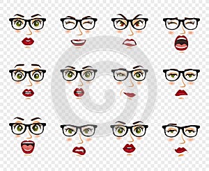 Comic emotions. Woman with glasses facial expressions, gestures, emotions happiness surprise disgust sadness rapture