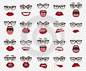 Comic emotions. Woman with glasses facial expressions, gestures, emotions happiness surprise disgust sadness rapture