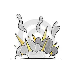 Comic explosion. Bomb explosion, meteorite fall, smoke cloud or fire flash. Atomic boom or dynamite detonation, doodle style,