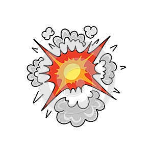 Comic explosion. Bomb explosion, meteorite fall, smoke cloud or fire flash. Atomic boom or dynamite detonation, doodle style,