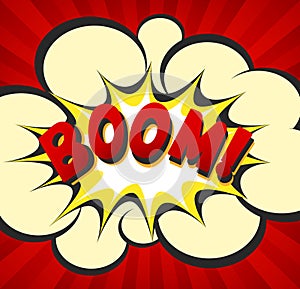 Comic explosion with boom inscription. Pop art poster with explosion and boom lettering