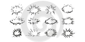 Comic Explosion And Cloud Burst Effects Set. Dynamic Action Elements For Graphic Design. Isolated Vector Illustration