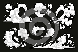 Comic explosion effect set. Vector dust smoke cloud, puff, mist, fog, watery vapour, cartoon energy blast and motion