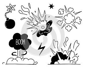 Comic explosion set. Bomb explosion, meteorite fall, smoke cloud and fire flash. Atomic boom or dynamite detonation, black