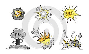 Comic explosion set. Bomb explosion, meteorite fall, smoke cloud and fire flash. Atomic boom or dynamite detonation, doodle style