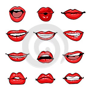 Comic female lips set. Colorful vector illustration in pop art retro comic style.