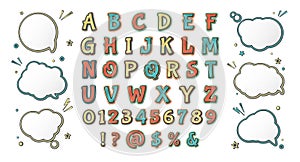 Comic font, cartoonish alphabet and speech bubbles