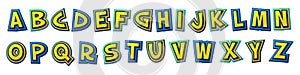 Comic font. Cartoonish yellow-blue alphabet