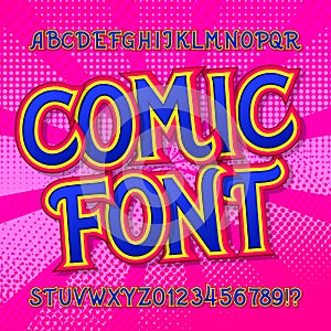 Comic font. Comics and pop art style alphabet. Colorful funny letters and numbers.