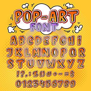 Comic font vector cartoon alphabet letters in pop art style and alphabetic text icons for typography illustration