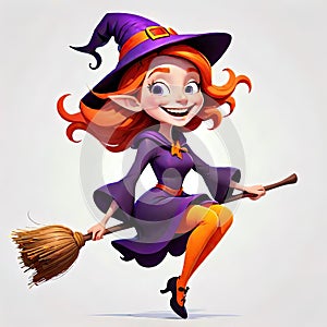 Comic halloween witch flying broom funny face