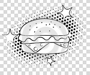 Comic Hamburger with halftone shadows. Fast food background pop art retro style. Vector illustration eps 10 on