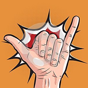 Comic hand showing shaka sign. pop art surf greeting gesture on halftone background