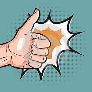 Comic hand showing thumb up gesture. pop art like sign on halftone background