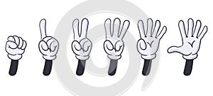 Comic hands numbers gestures, cartoon finger counting signs