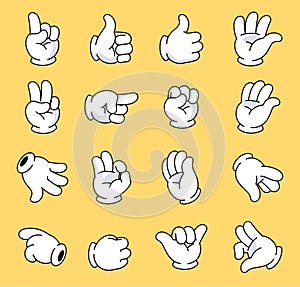 Comic hands in white gloves. Different types of hand gestures. Palms in different angles. Body part. Vector illustration