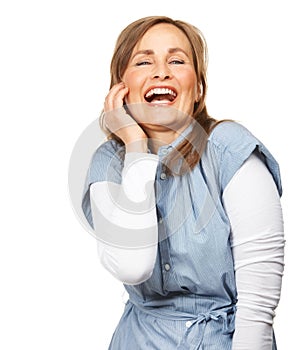 Comic, happy and portrait of woman in a studio for funny and silly joke in conversation. Smile, excited and confident