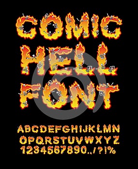 Comic Hell font. inferno ABC. Fire letters. Sinners in hellfire.