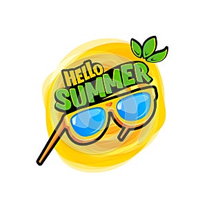 Comic Hello summer vector logo with text and vintage retro yellow sunglasses isolated on background. Hello summer label