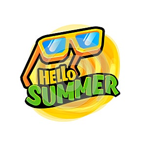 Comic Hello summer vector logo with text and vintage retro yellow sunglasses isolated on background. Hello summer label