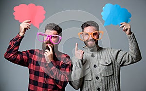 Comic and humor sense. Men with beard and mustache mature hipster wear funny eyeglasses. Explain humor concept. Funny