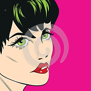 Comic illustration of calm beautiful woman face She is thinking about