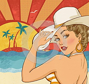 Comic illustration of girl on the beach. Pop Art girl. Party invitation. Hollywood movie star.Vintage advertising poster.