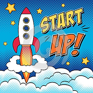 Comic illustration of start up concept with a rocket in pop art style