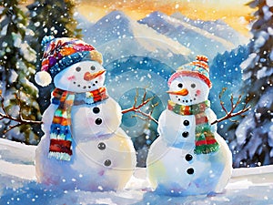 comic illustration of two snowmen in a beautiful Christmas scene