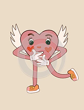 Comic-inspired happy heart character, designed in a chic retro 60s-70s cartoon style. Ideal as love stickers for posters