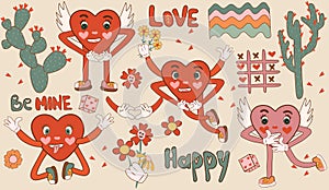 Comic-inspired happy heart character, designed in a chic retro 60s-70s cartoon style. Includes a variety of retro heart