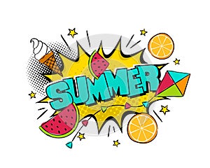 Comic juicy Summer Logo. Pop art explosion with ice cream, orange, kite and watermelon