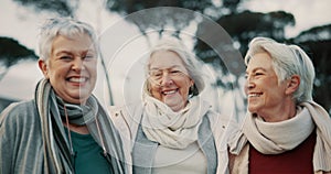 Comic, laughing and senior woman friends outdoor in a park together for bonding during retirement. Portrait, smile and