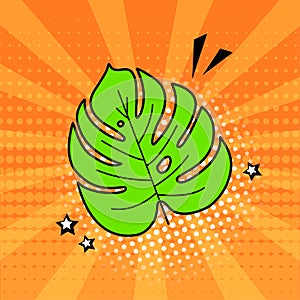 Comic leaf palm icon, tropical monstera plant, summer fern on background, foliage in pop art style. Cartoon jungle vector