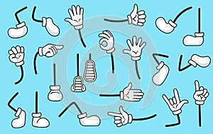Comic legs and arms. Hand for cartoon characters, body parts expressions. Feet and hands gestures variations, garish