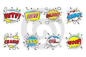 Comic lettering set. WTF!, HEY!, DAMN!, BANG!, CRASH!, YES!, OH..., WOOF