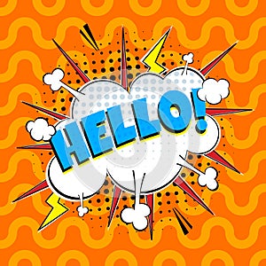 Comic lettering speech bubble for emotion with text HELLO comic style flat design.