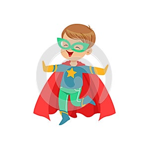 Comic little kid in colorful superhero costume jumping with hands up. Halloween costume. Vector flat super boy character