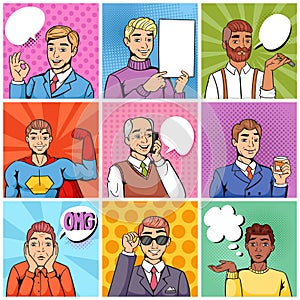 Comic man vector popart cartoon businessman character speaking bubble speech or comicguy expression illustration male