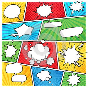 Comic page layout. Funny comics striped scrapbook page with smoke clouds and speech bubbles retro background vector layout