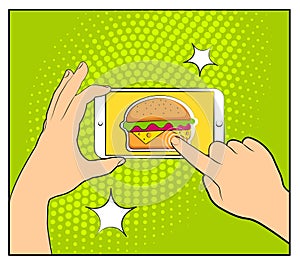 Comic phone with halftone shadows and Hamburger. Hand holding smartphone with buy online internet shopping. Fast food background.