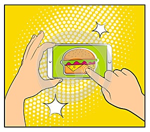 Comic phone with halftone shadows and Hamburger. Hand holding smartphone with buy online internet shopping. Fast food background.