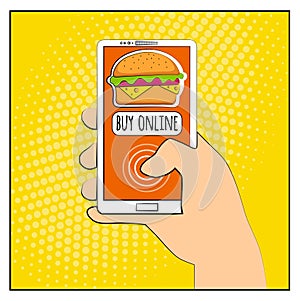 Comic phone with halftone shadows and Hamburger. Hand holding smartphone with buy online internet shopping. Fast food background.