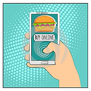 Comic phone with halftone shadows and Hamburger. Hand holding smartphone with buy online internet shopping. Fast food background.