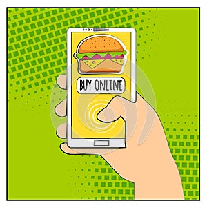 Comic phone with halftone shadows and Hamburger. Hand holding smartphone with buy online internet shopping. Fast food background.